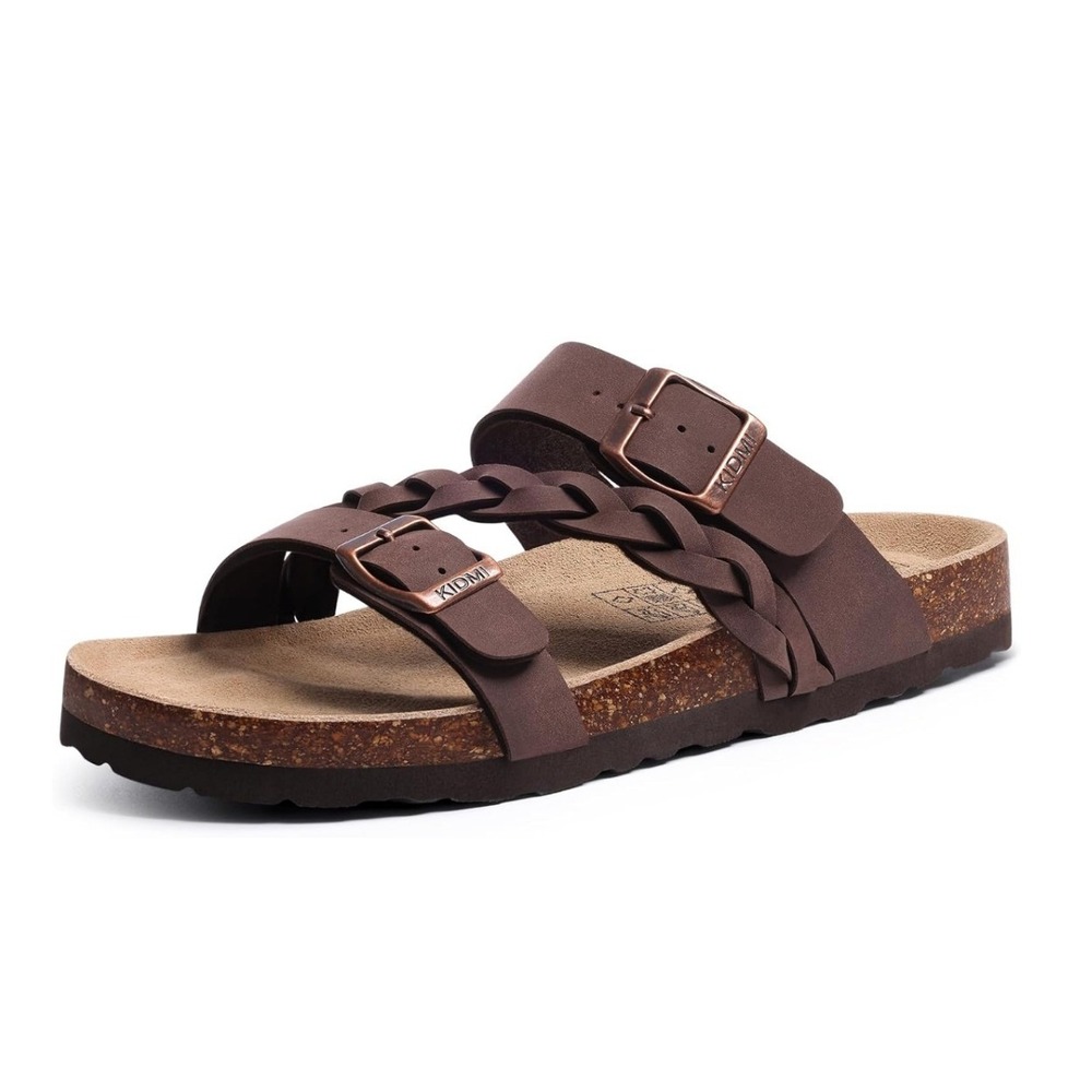 KIDMI Womens 39 (8/8.5) Brown Braided Cork Slide Sandals Adjustable Buckle NEW